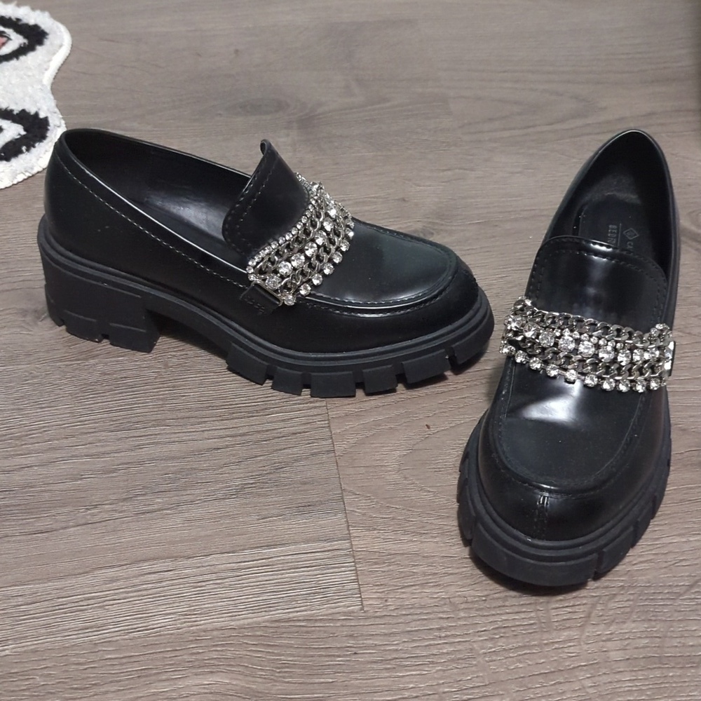 Black Chunky Rhinestone Loafers for Women
